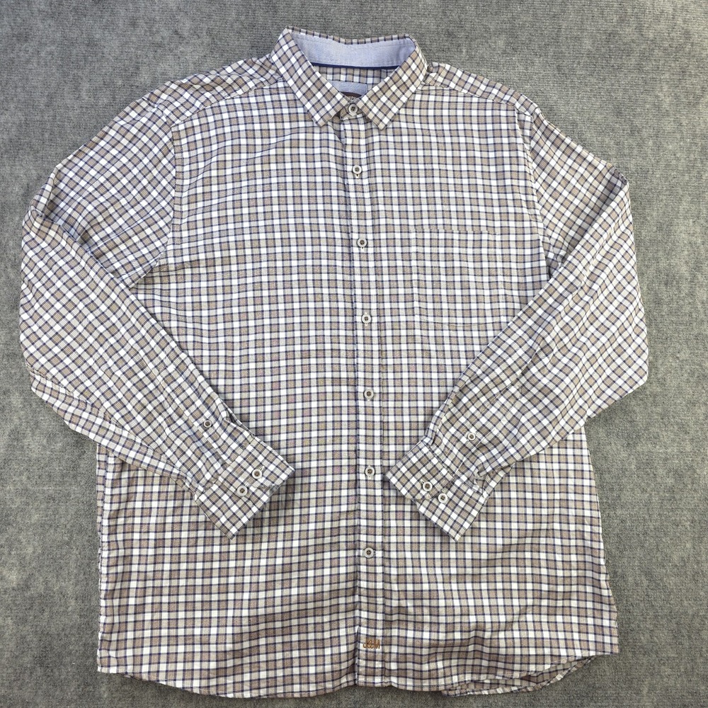 Johnston Murphy Shirt XL Long Sleeve Button‎ Up Blue Brown Check Cotton